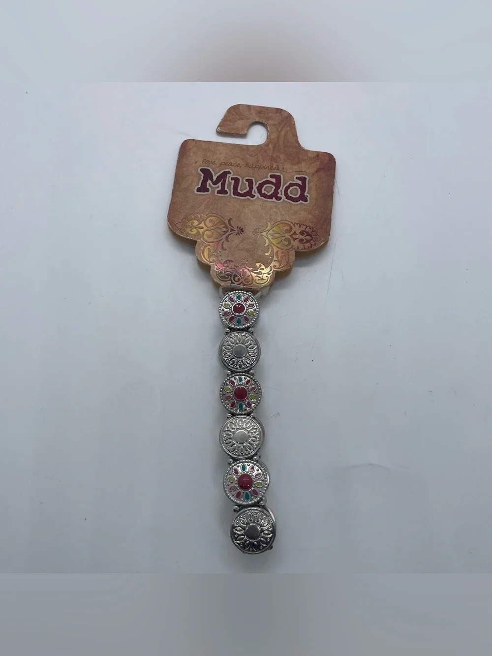 Mudd Silver-Tone Floral Disc Bracelet with Pink and Green Accents